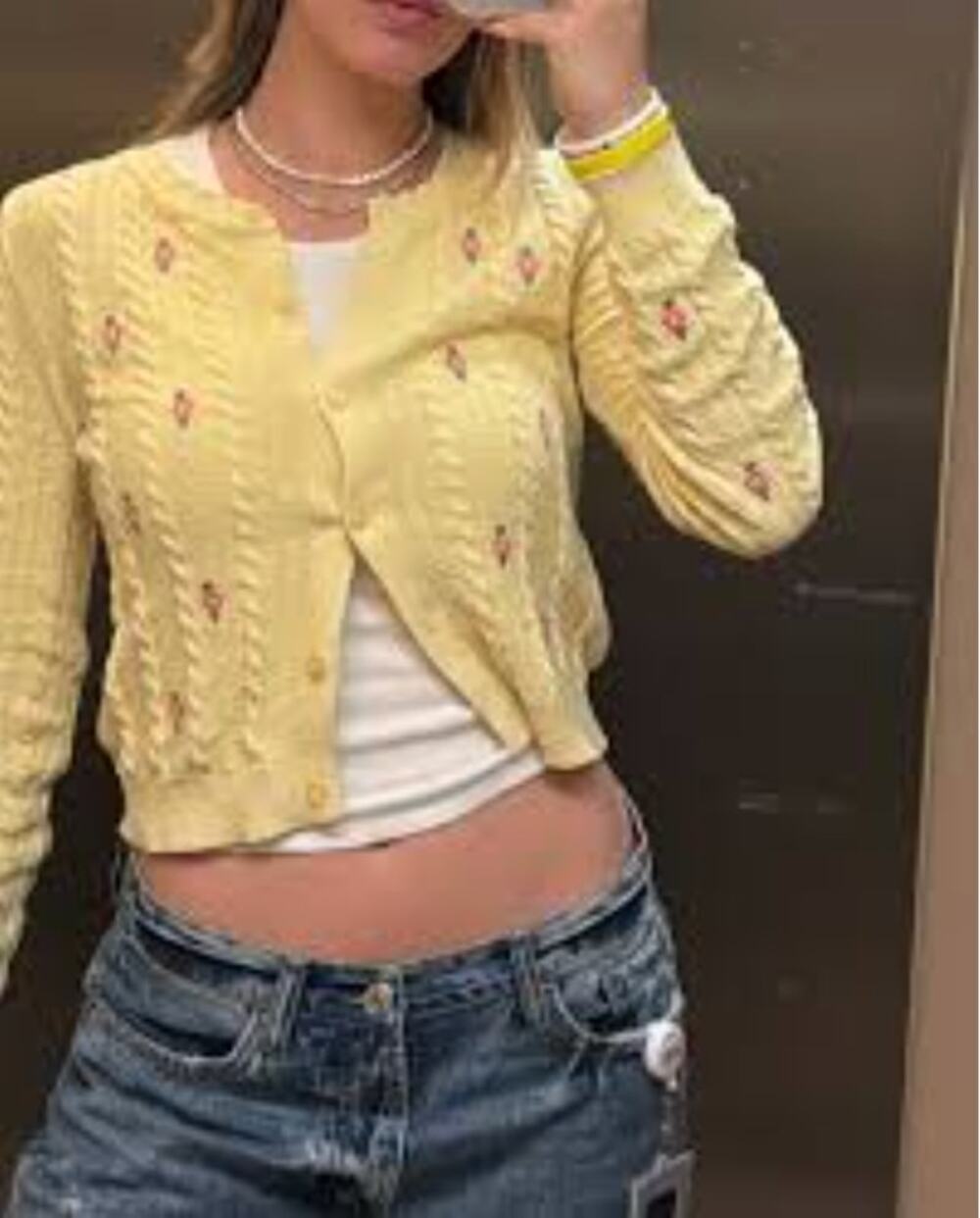 MANGO Flowers Knit Cardigan in yellow with tiny embroidered pink flowers sz. XL